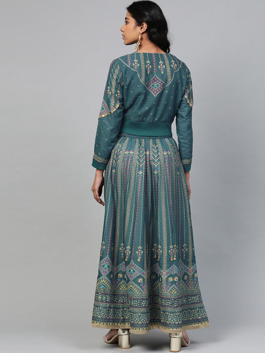 Women Teal Blue & Golden Sustainable Top with Skirt
