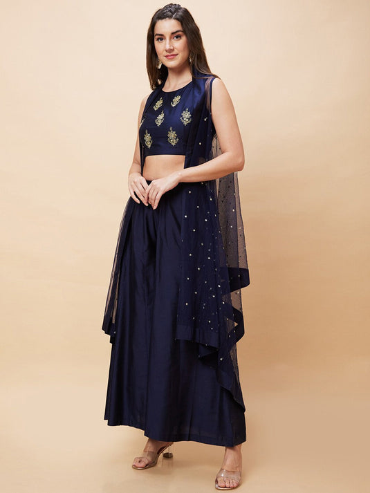 Embroidered Ethnic Crop Top With Longline Shrug & Palazzos