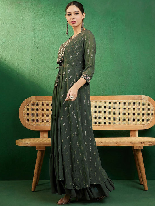 Green Embroidered Ethnic Top with Skirt & Shurg
