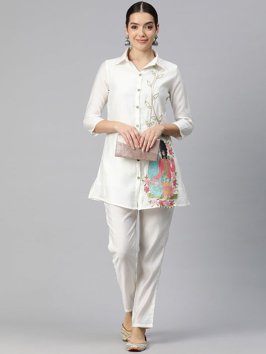 Women Embroidered Pure Silk Tunic with Trousers