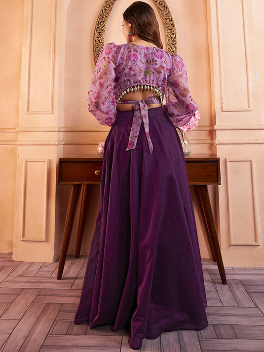Floral Printed V-Neck Organza Crop Top with Mid-Rise Chanderi Cotton Skirt