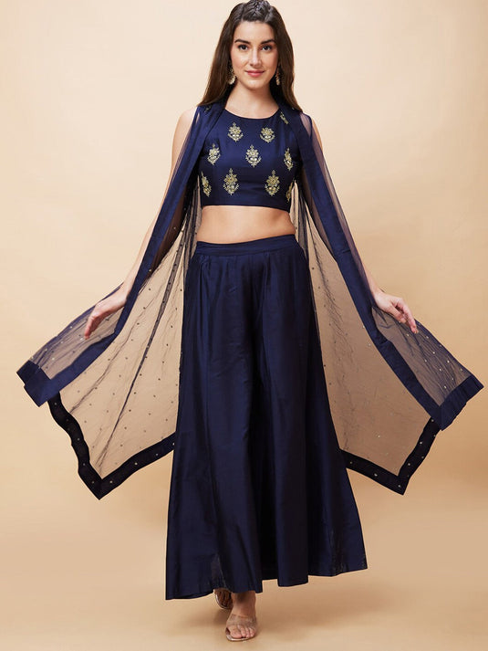 Embroidered Ethnic Crop Top With Longline Shrug & Palazzos