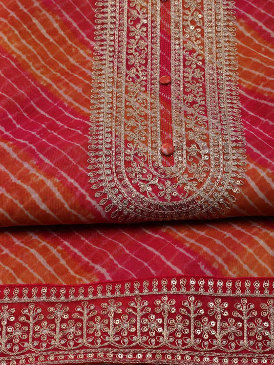 Leheriya Printed Zari Organza Unstitched Dress Material