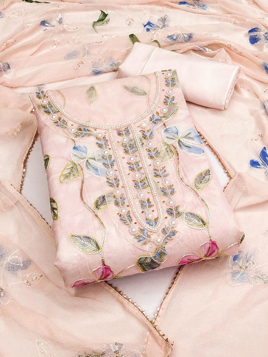 Floral Embroidered Beads and Stones Organza Unstitched Dress Material