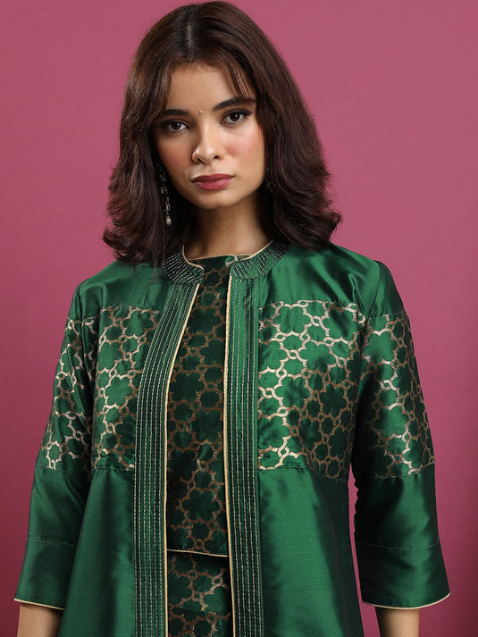 Green Ethnic Motifs Woven Design Crop Top & Skirt With Shrug