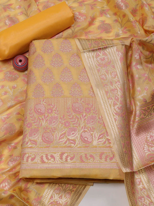 Ethnic Motifs Woven Design Chanderi Zari Unstitched Dress Material