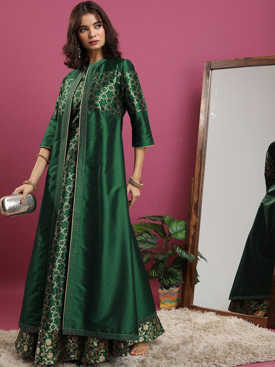 Green Ethnic Motifs Woven Design Crop Top & Skirt With Shrug
