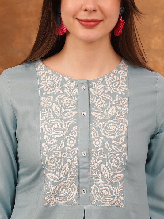Blue Embroidered Tunic With Trousers Co-Ords