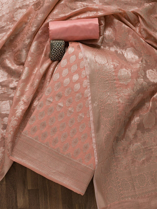Peach-Coloured & Gold-Toned Art Silk Unstitched Dress Material