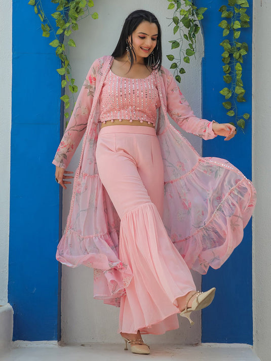 Embroidered Mirror Work Top With Sharara & Shrug