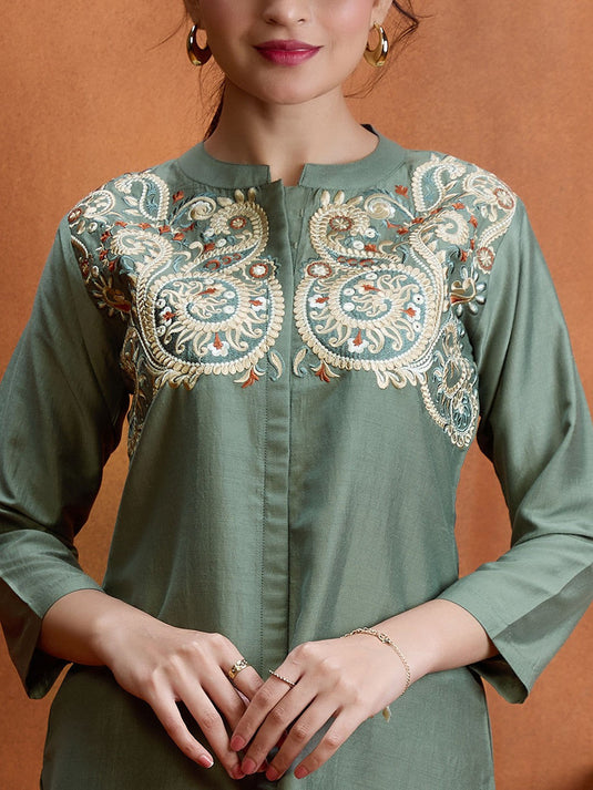 Sirocco Green Embroidered Tunic with Trouser