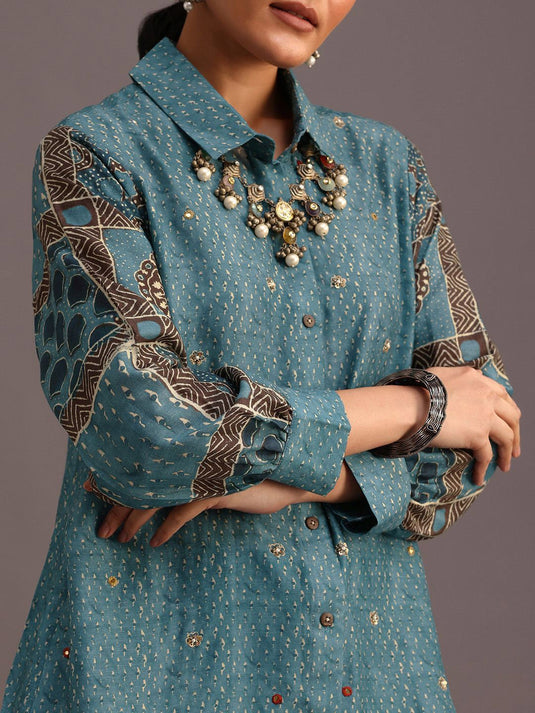 Ethnic Printed Shirt Collar Beads And Stones Linen Shirt & Palazzo