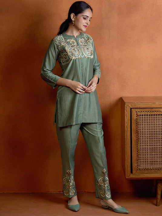 Sirocco Green Embroidered Tunic with Trouser