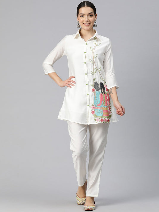 Women Embroidered Pure Silk Tunic with Trousers