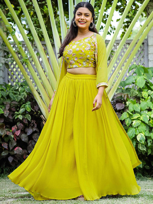 Embroidered Sleeveless Top & Palazzos With Shrug