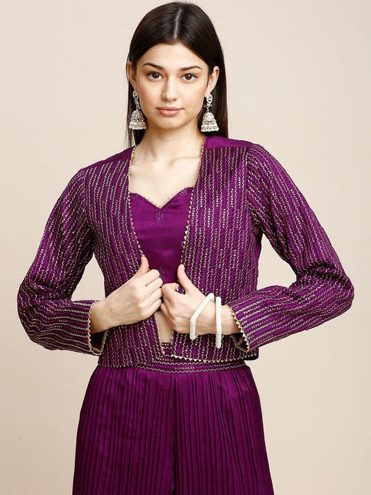 Embroidered Jacket & Top with Palazzo