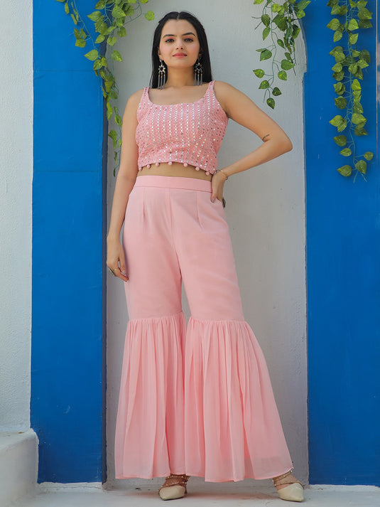 Embroidered Mirror Work Top With Sharara & Shrug