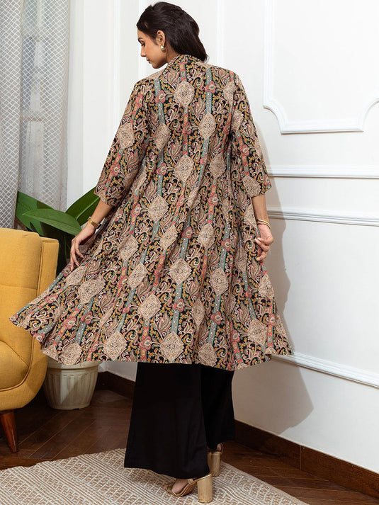 Black Floral Printed V-Neck Top with Shrug & Trousers