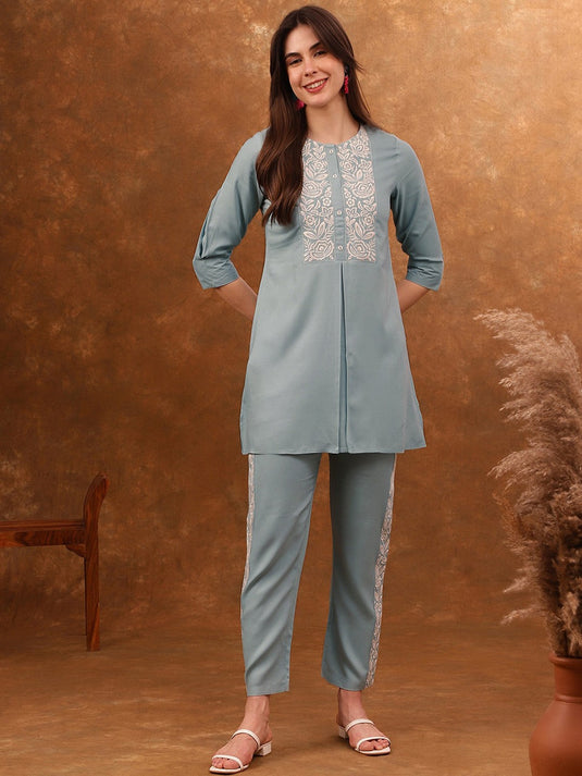 Blue Embroidered Tunic With Trousers Co-Ords
