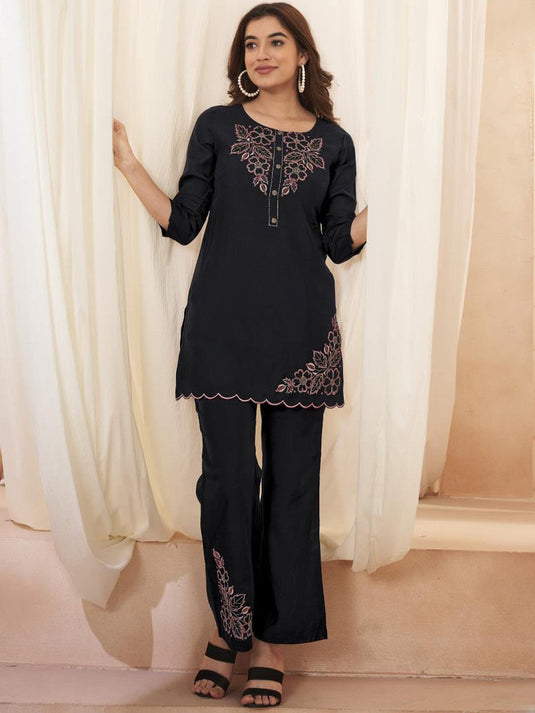 Black Floral Embroidered Ethnic Tunic With Trousers
