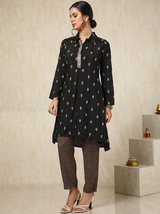 Embroidered Shirt Collar Top With Trousers