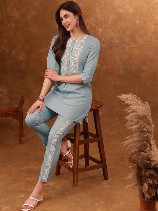 Blue Embroidered Tunic With Trousers Co-Ords