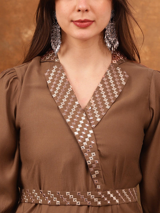 Embroidered Mirror Work Tunic With Trousers & Belt