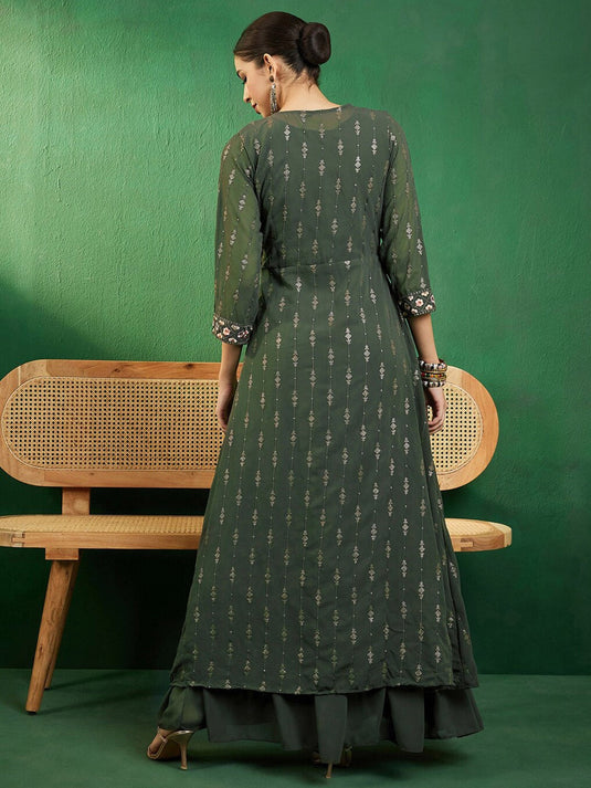 Green Embroidered Ethnic Top with Skirt & Shurg