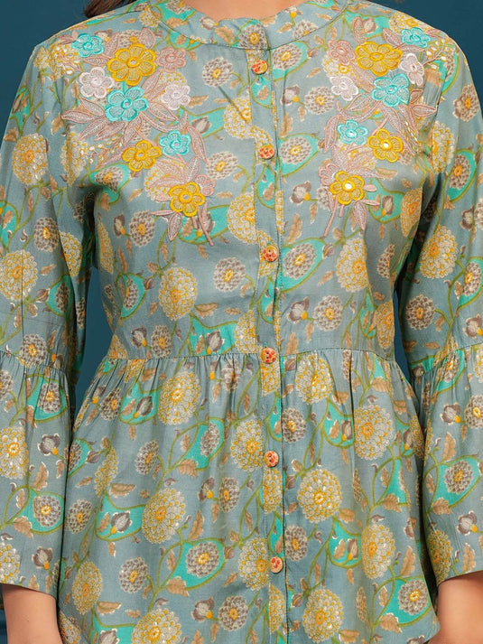 Floral Printed Embroidered Detail Pure Cotton Tunic With Palazzo