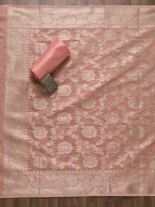 Peach-Coloured & Gold-Toned Art Silk Unstitched Dress Material