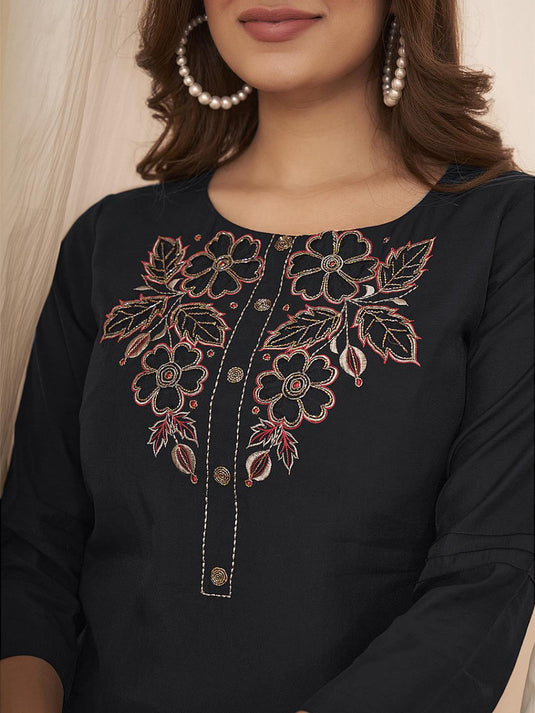 Black Floral Embroidered Ethnic Tunic With Trousers