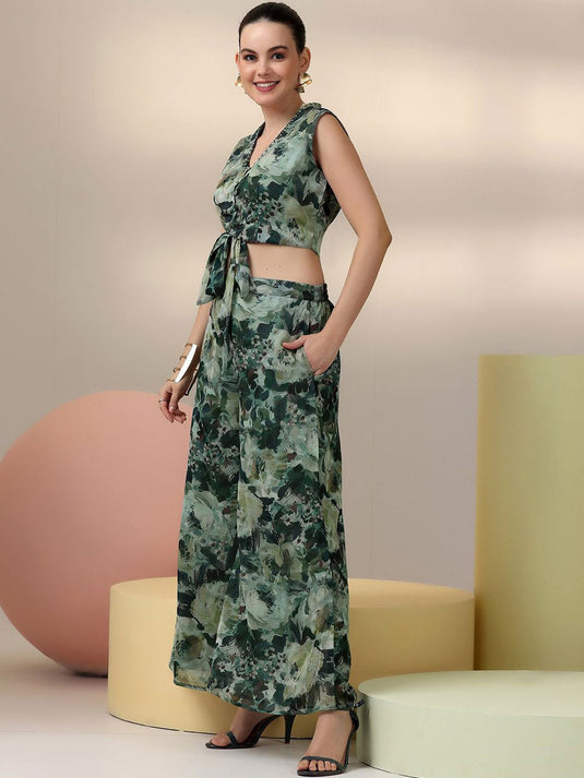 Floral Printed V-Neck Top & Palazzo With Shrug