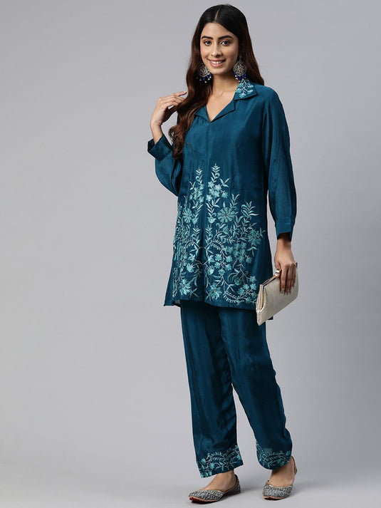 Floral Embroidered Pure Silk Tunic with Trousers