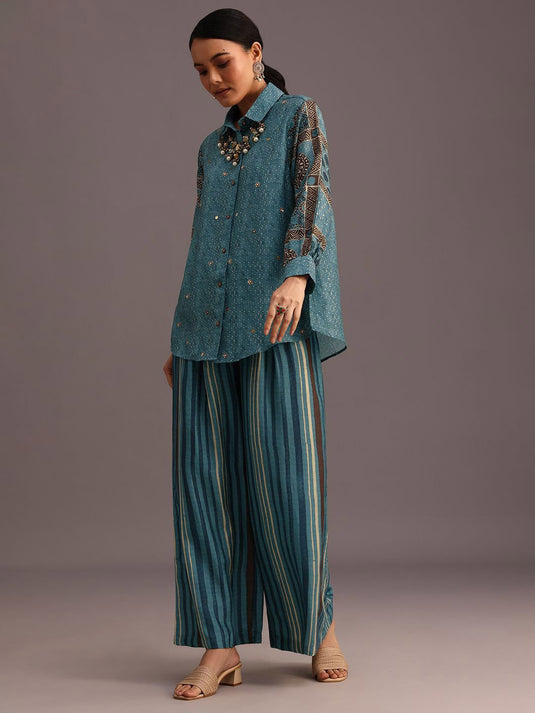 Ethnic Printed Shirt Collar Beads And Stones Linen Shirt & Palazzo
