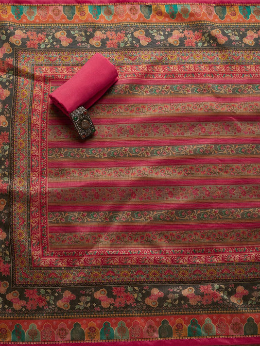 Pink & Green Embroidered Art Silk Unstitched Dress Material