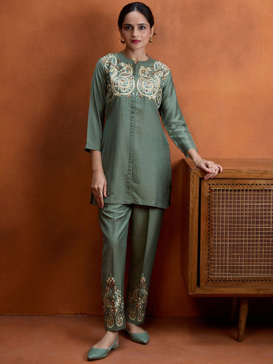 Sirocco Green Embroidered Tunic with Trouser
