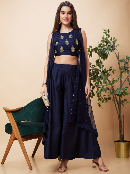 Embroidered Ethnic Crop Top With Longline Shrug & Palazzos