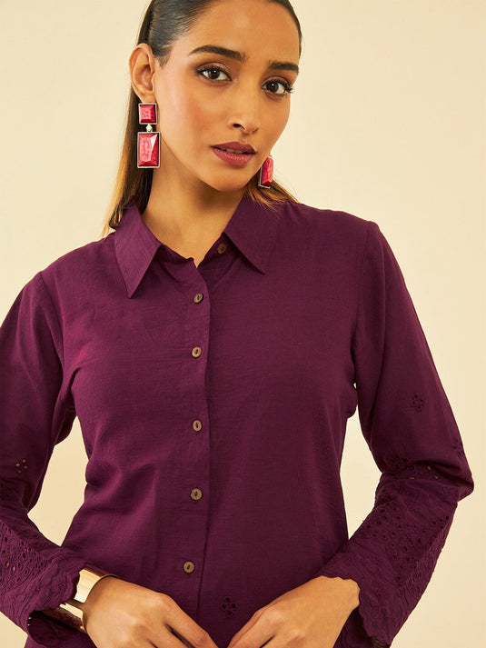 Maroon Self Design Pure Cotton Schiffli Ethnic Tunic With Trousers