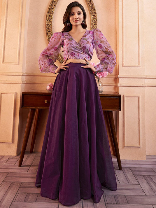 Floral Printed V-Neck Organza Crop Top with Mid-Rise Chanderi Cotton Skirt