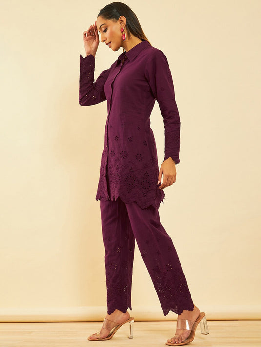 Maroon Self Design Pure Cotton Schiffli Ethnic Tunic With Trousers