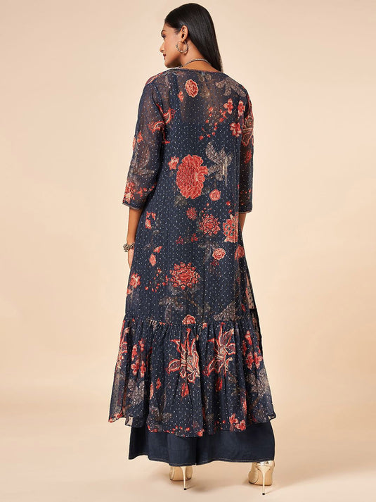 Embroidered Crop Top With Palazzos & Printed Shrug