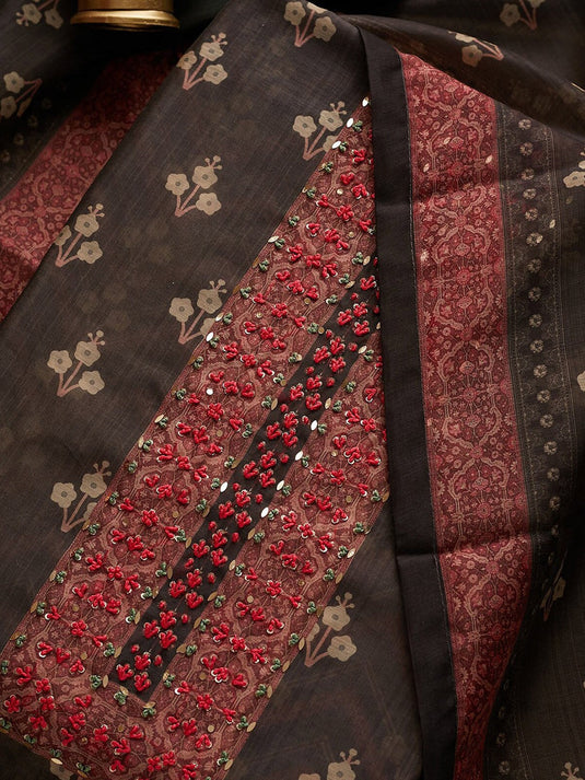 Black & Peach-Coloured Embroidered Unstitched Dress Material