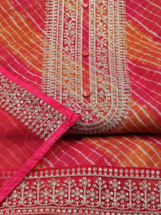 Leheriya Printed Zari Organza Unstitched Dress Material