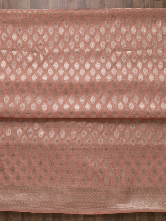 Peach-Coloured & Gold-Toned Art Silk Unstitched Dress Material
