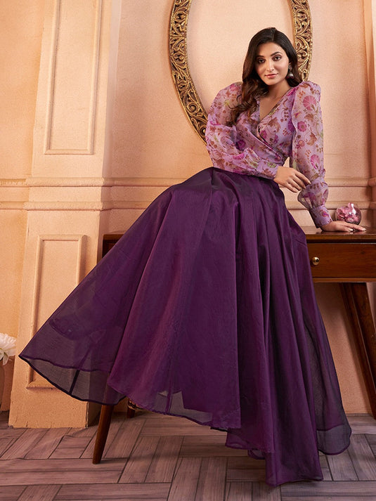Floral Printed V-Neck Organza Crop Top with Mid-Rise Chanderi Cotton Skirt