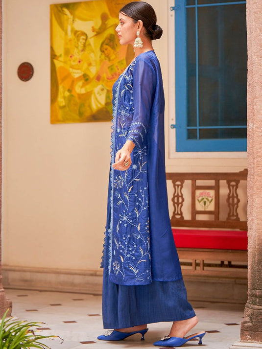 Embroidered Shoulder Straps Neck Sleeveless Top & Palazzo & Shrug