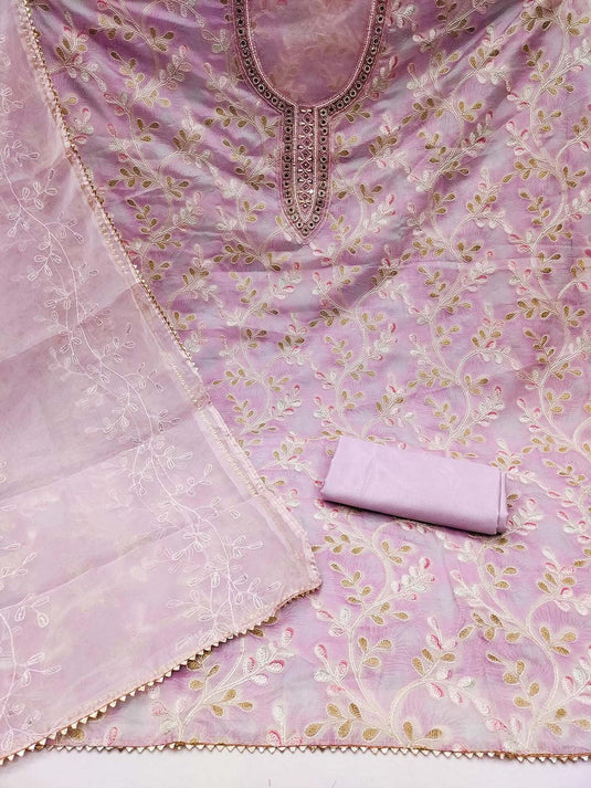 Purple Ethnic Motifs Embroidered Beads and Stones Organza Unstitched Dress Material