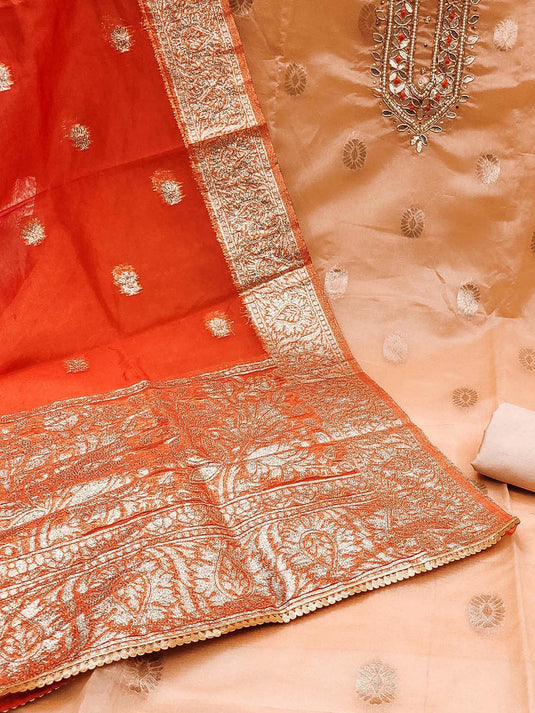 Ethnic Motifs Woven Design Zari Organza Unstitched Dress Material