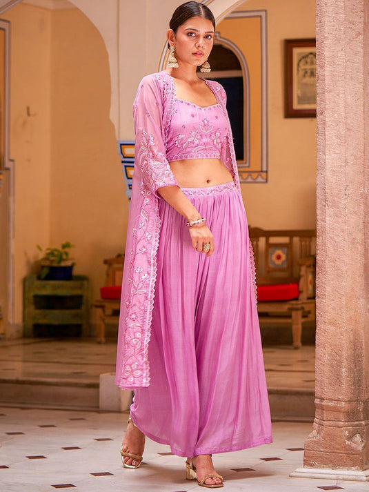 Embroidered Shoulder Straps Neck Sleeveless Top & Palazzo & Shrug