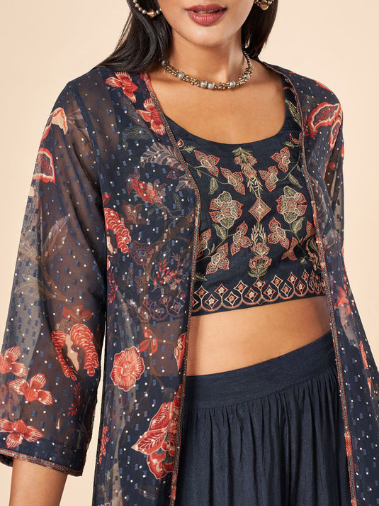 Embroidered Crop Top With Palazzos & Printed Shrug